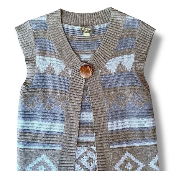 Twist Womens Sweater Vest Sz Medium Blue Gray Boho Longline Wool Southwestern - Picture 2 of 6